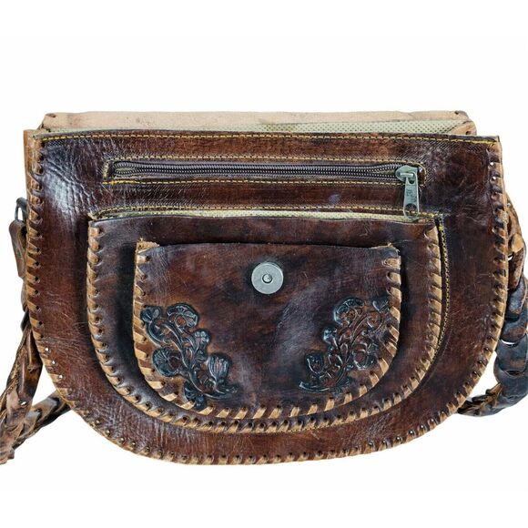 Vintage 70s Stitched Tooled Leather Braided Shoulder Strap Fringe Handbag Purse - Picture 9 of 12